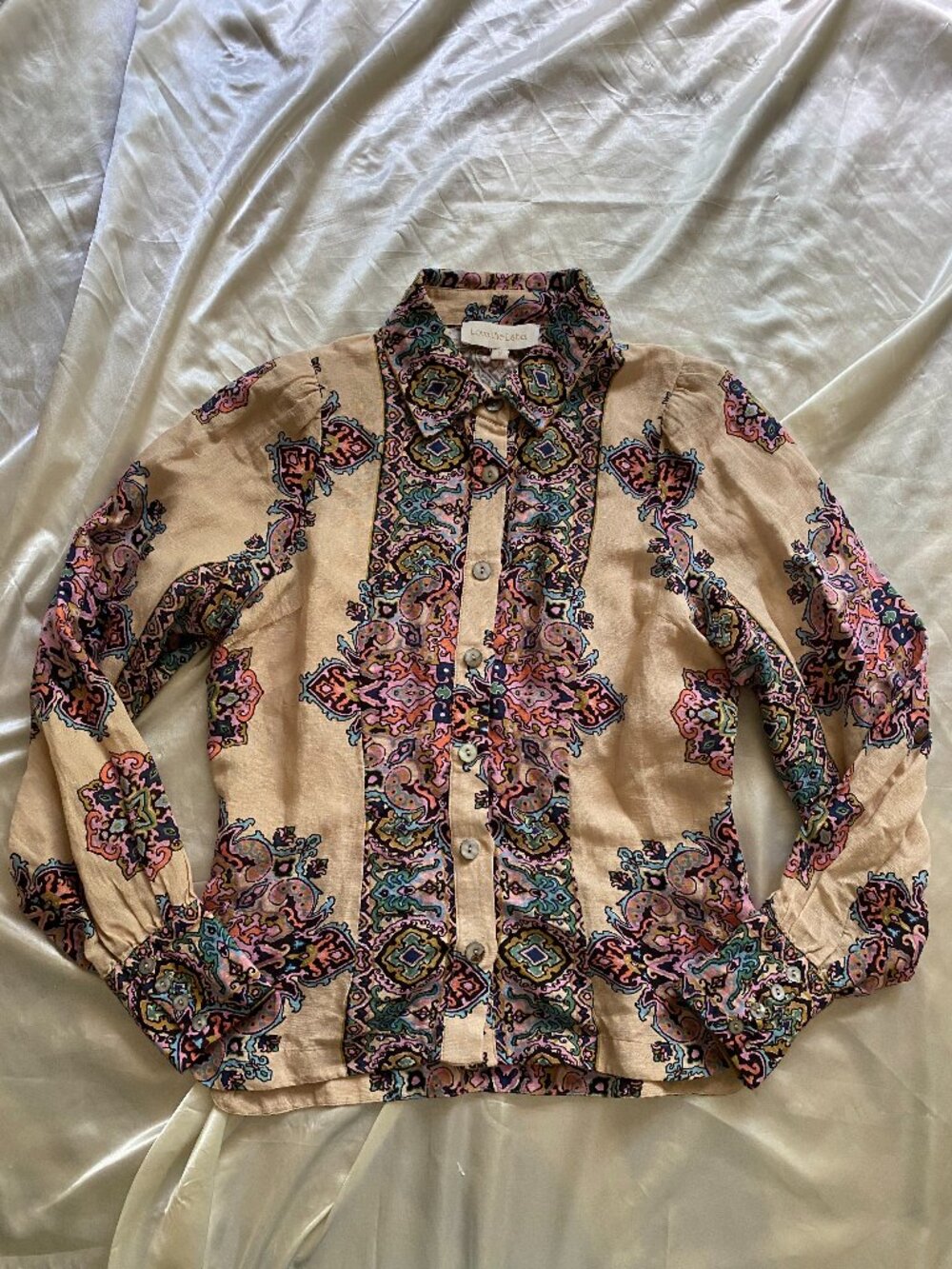 Love The Label Calla Top Martine Medallion Print Small Linen Boho Puff Sleeve